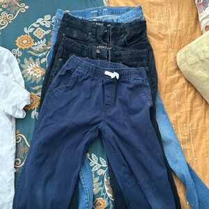 3 uniform blue pants and 1 pair blue jeans boys size 12-14
